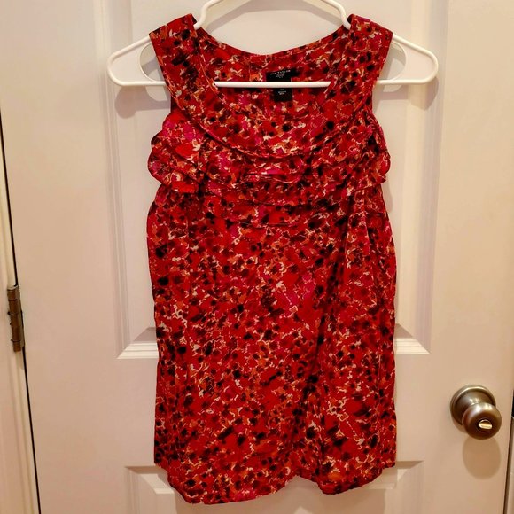 Ann Taylor Sleeveless Blouse with Ruffles, Petite 14P,  Red Orange Abstract - Picture 1 of 8